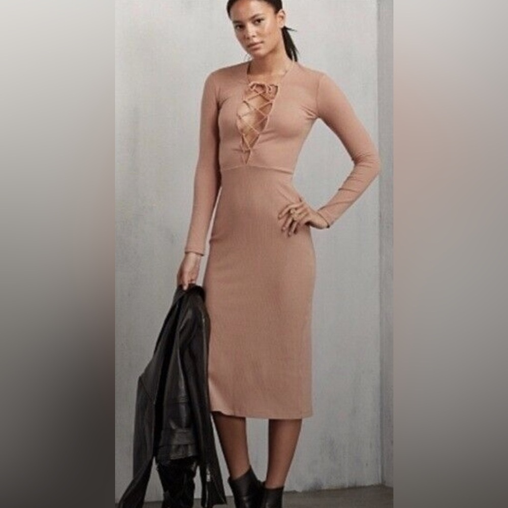 Reformation Tan Brown Ribbed, Lace-Up Long Sleeve Midi Dress